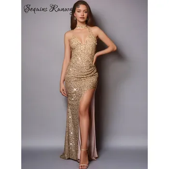 Dámské šaty Dlouhé šaty na ples Sequins SQ1011 Barva: Světle Hnědá, Velikost: XS