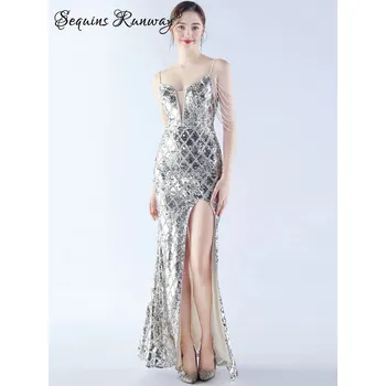 Dámské šaty Dlouhé večerní šaty Sequins SQ1120 Barva: Stříbrná, Velikost: S