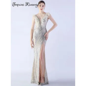 Dámské šaty Dlouhé šaty na svatbu Sequins SQ1047 Barva: Stříbrná, Velikost: M