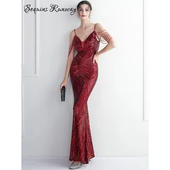 Dámské šaty Dlouhé svatební šaty Sequins SQ1151 Barva: Vínová, Velikost: XL