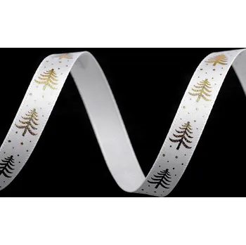 Stuha Saténová stuha stromeček šíře 10 mm vánoční Varianta: 2 bílá zlatá, Balení: 5 m