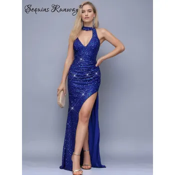 Dámské šaty Dlouhé šaty na ples Sequins SQ1011 Barva: Modrá, Velikost: XS