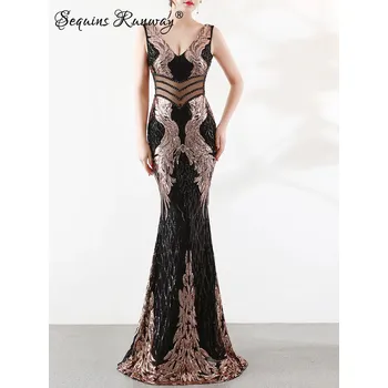 Dámské šaty Sexy dlouhé šaty na ples Sequins SQ1136 Barva: Černo-Zlatá, Velikost: 2XL