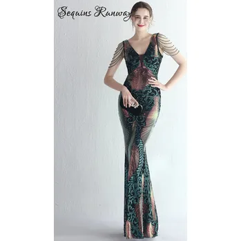Dámské šaty Sexy večerní šaty maxi Sequins SQ1071 Barva: Zelená, Velikost: L