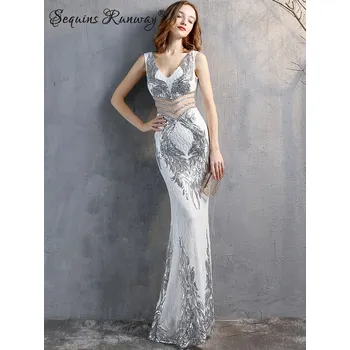 Dámské šaty Sexy dlouhé šaty na ples Sequins SQ1136 Barva: Stříbrná, Velikost: S