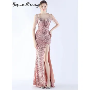 Dámské šaty Sexy dlouhé šaty na společnost Sequins SQ1168 Barva: Růžová, Velikost: XL