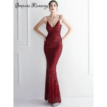 Dámské šaty Sexy dlouhé šaty na svatbu Sequins SQ1148 Barva: Vínová, Velikost: L