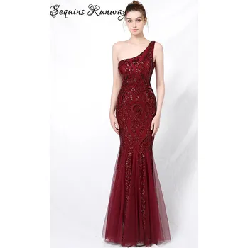 Dámské šaty Dlouhé šaty na ples Sequins SQ1012 Barva: Vínová, Velikost: M