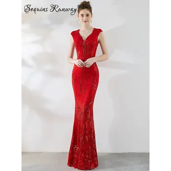 Dámské šaty Sexy svatební šaty maxi Sequins SQ1101 Barva: Červená, Velikost: M