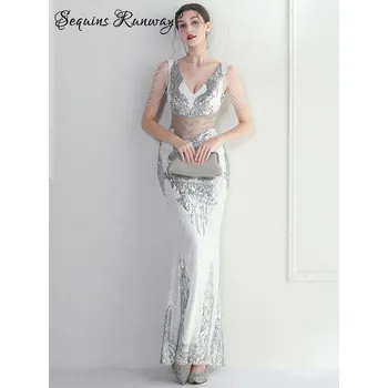Dámské oblečení Sexy dlouhé šaty na večer Sequins SQ1114 Barva: Stříbrná, Velikost: XL