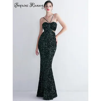 Dámské šaty Sexy dlouhé šaty na společnost Sequins SQ1166 Barva: Zelená, Velikost: L
