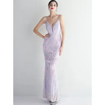 Dámské šaty Maxi večerní šaty Sequins SQ959 Barva: Purpurová, Velikost: S