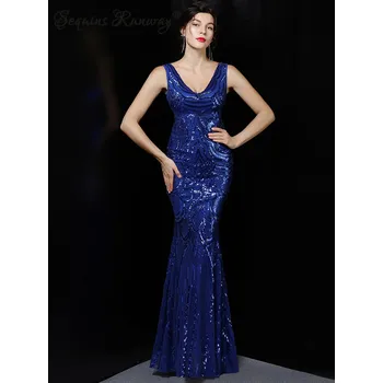 Dámské šaty Dlouhé plesové šaty Sequins SQ1135 Barva: Modrá, Velikost: S