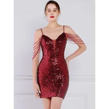 Dámské šaty Večerní mini šaty Sequins SQ891 Barva: Vínová, Velikost: S