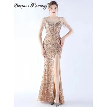 Dámské šaty Sexy dlouhé šaty na společnost Sequins SQ1168 Barva: Zlatá, Velikost: S