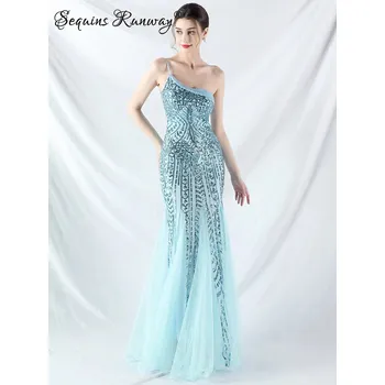 Dámské šaty Dlouhé šaty na ples Sequins SQ1021 Barva: Nebeská, Velikost: L