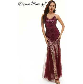 Dámské šaty Sexy dlouhé šaty na svatbu Sequins SQ1147 Barva: Červená, Velikost: XL