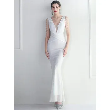 Dámské šaty Sexy dlouhé šaty na svatbu Sequins SQ1164 Barva: Bílá, Velikost: S