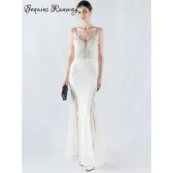 Dámské šaty Dlouhé šaty na ples Sequins SQ1024 Barva: Bílá, Velikost: XL