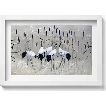 Obraz Dekorativní nástěnný obraz s grafikou v bílém rámu Jeřábi v rákosí 30x20 cm