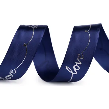 Stuha Saténová stuha s metalickým potiskem Love šíře 26 mm Varianta: 6 (370) modrá tmavá stříbrná, Balení: 13.5 m