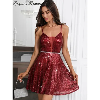 Dámské šaty Plesové mini šaty Sequins SQ918 Barva: Vínová, Velikost: M