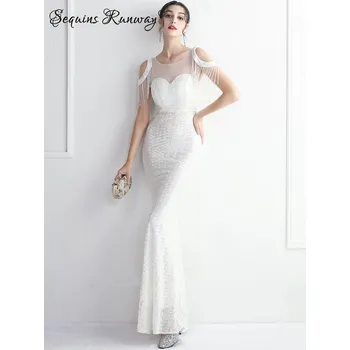 Dámské šaty Dlouhé šaty na ples Sequins SQ1028 Barva: Bílá, Velikost: S