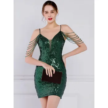 Dámské šaty Večerní mini šaty Sequins SQ891 Barva: Zelená, Velikost: L