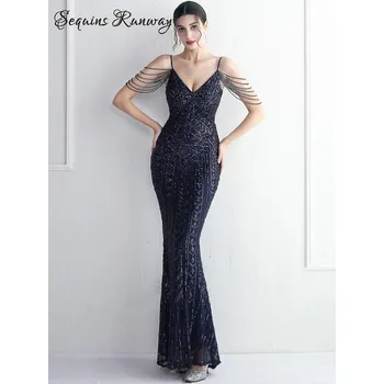 Dámské šaty Sexy večerní šaty maxi Sequins SQ1072 Barva: Tmavě Modrá, Velikost: L