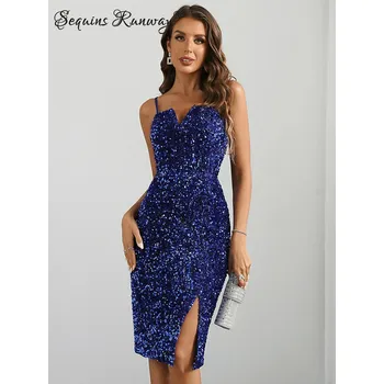 Dámské šaty Společenské midi šaty Sequins SQ125 Barva: Modrá, Velikost: XL