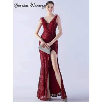 Dámské šaty Dlouhé šaty na svatbu Sequins SQ1047 Barva: Vínová, Velikost: S