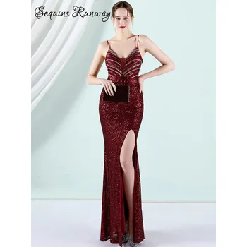 Dámské šaty Plesové šaty dlouhé Sequins SQ1206 Barva: Vínová, Velikost: 2XL