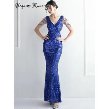 Dámské šaty Sexy večerní šaty maxi Sequins SQ1075 Barva: Safírová, Velikost: 2XL