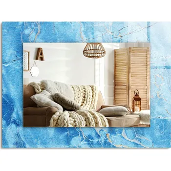 Zrcadlo Závěsné zrcadlo zdobené grafikou na skle - Modrý mramorový vzor, 80x60 cm