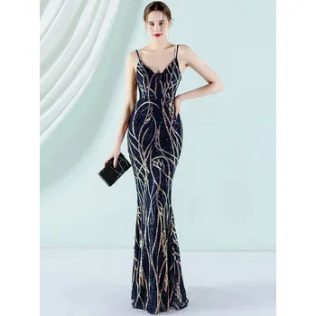 Dámské šaty Sexy společenské šaty maxi Sequins SQ1064 Barva: Tmavě Modrá, Velikost: L