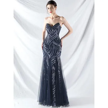 Dámské šaty Maxi plesové šaty Sequins SQ969 Barva: Tmavě Modrá, Velikost: S
