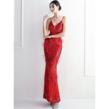 Dámské šaty Maxi večerní šaty Sequins SQ959 Barva: Červená, Velikost: M