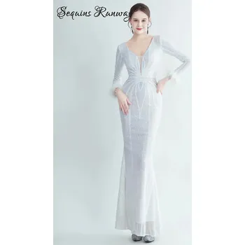 Dámské šaty Sexy dlouhé šaty na svatbu Sequins SQ1152 Barva: Bílá, Velikost: XL