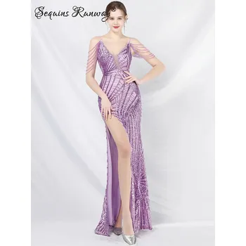 Dámské šaty Dlouhé večerní šaty Sequins SQ1114 Barva: Fialová, Velikost: 2XL