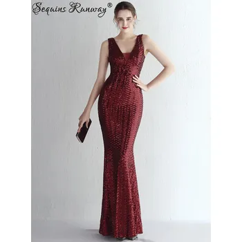 Dámské šaty Sexy dlouhé šaty na svatbu Sequins SQ1153 Velikost: S, Barva (Varianta): YEY-19153Wine