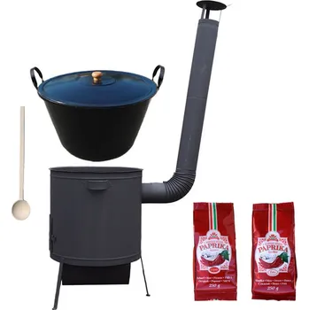 Kempingové nádobí Smaltovaný kotel 70 L na zabijačku + žáruvzdorná kotlina 53 PLUS 600 s roštem na popel 4 mm + sladká a pálivá paprika (2 x 250 g) + vařečka