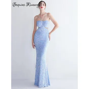 Dámské šaty Sexy dlouhé šaty na společnost Sequins SQ1166 Barva: Modrá, Velikost: L