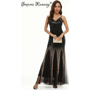 Dámské šaty Sexy dlouhé šaty na svatbu Sequins SQ1147 Barva: Černá, Velikost: L