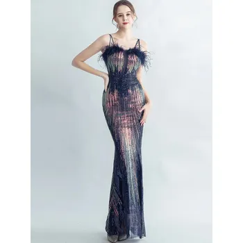 Dámské šaty Maxi plesové šaty Sequins SQ962 Barva: Tmavě Modrá, Velikost: M