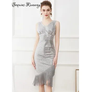 Dámské šaty Svatební midi šaty Sequins SQ165 Barva: Stříbrná, Velikost: L