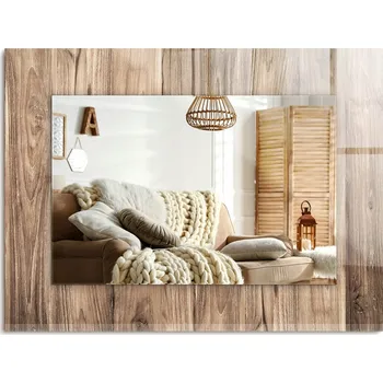 Zrcadlo Nástěnné zrcadlo zdobené grafikou na skle, motiv dřevěné podlahy, rozměry 80x60 cm