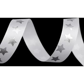 Stuha Saténová stuha hvězdy šíře 20 mm vánoční Varianta: 1 bílá stříbrná, Balení: 13.5 m