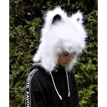 Čepice Hřejivá zimní čepice VLK s ušima a huňatým ocasem Barva: Bílá, Velikost: S (52-54)