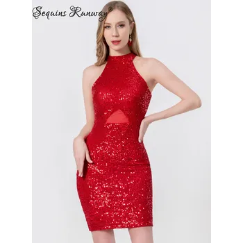 Dámské šaty Večerní krátké šaty Sequins SQ991 Barva: Červená, Velikost: L