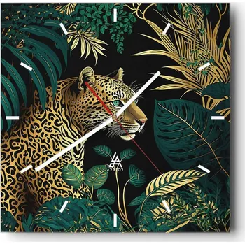 Hodiny Velké nástěnné hodiny na zeď 40x40 Leopard Skleněné hodiny Čtvercové Tiché